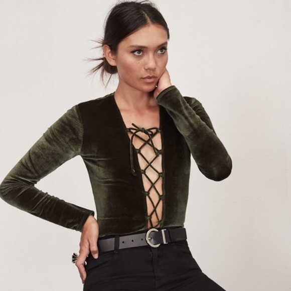 Reformation Velvet Avalon Lace Up Bodysuit in Moss - Picture 1 of 9